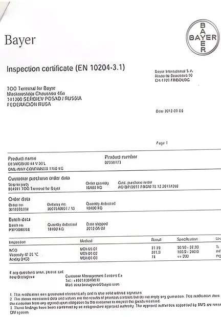 Сертификат Bayer на компоненты пенополиуретана (EN 10204-3.1)