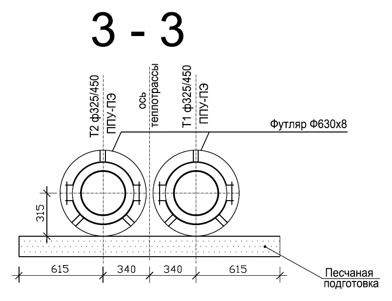 Переход под дорогой: трубы 325/450 ППУ-ПЭ в стальном футляре Ø630×8